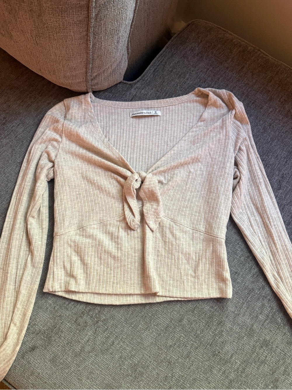 Abercrombie & Fitch Beige Ribbed Tie-Front Long Sleeve Crop Top